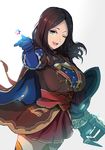  ;d bangs blue_eyes breasts brown_hair cape commentary_request cowboy_shot fate/grand_order fate_(series) foreshortening from_side gloves gradient gradient_background highres hsin large_breasts leonardo_da_vinci_(fate/grand_order) long_hair looking_at_viewer looking_to_the_side one_eye_closed open_mouth parted_bangs pointing pointing_at_viewer red_skirt saint_quartz skirt smile solo star star_print stellated_octahedron thighhighs zettai_ryouiki 