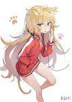  absurdres animal_ears blonde_hair blue_eyes blush cat_ears cat_tail gabriel_dropout hand_in_pocket headphones headphones_around_neck highres jacket kemonomimi_mode kentllaall long_hair looking_at_viewer open_mouth paw_print simple_background solo tail tenma_gabriel_white track_jacket very_long_hair white_background 