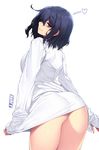  arms_at_sides artist_name ass back bangs black_hair blue_eyes bottomless breasts closed_mouth clothes_tug collared_shirt cowboy_shot dress_shirt eyebrows_visible_through_hair from_behind hair_between_eyes half-closed_eyes heart highres jjune legs_together long_sleeves looking_at_viewer looking_back medium_breasts naked_shirt original shirt shirt_tug short_hair simple_background sleeves_past_wrists smile solo standing white_background white_shirt 