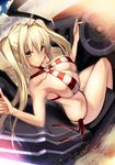  &gt;:) ahoge bangs bare_shoulders bikini breasts cleavage collarbone criss-cross_halter day driving fate/extra fate/grand_order fate_(series) green_eyes hair_intakes halterneck hand_up hips large_breasts legs long_hair nero_claudius_(fate)_(all) nero_claudius_(swimsuit_caster)_(fate) outdoors satou_daiji side-tie_bikini sideboob sitting smile solo striped striped_bikini swimsuit thighs thumbs_up twintails v-shaped_eyebrows 