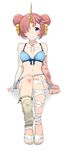  :&lt; absurdres arm_wrap bikini bikini_skirt blue_bikini blue_eyes breasts cleavage detached_collar double_bun fate/apocrypha fate/grand_order fate_(series) frankenstein's_monster_(fate) frankenstein's_monster_(swimsuit_saber)_(fate) full_body hair_ornament hair_over_one_eye headgear highres horn kei_(soundcross) leg_wrap looking_at_viewer medium_breasts navel pink_hair short_hair sitting solo swimsuit toes 