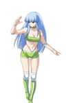  bangs bare_shoulders blue_eyes blue_hair blunt_bangs boots breasts choker cleavage collarbone green_footwear knee_boots large_breasts long_hair looking_to_the_side midriff nakatsui_tamaki navel official_art okumura_aki ring_dream serious shorts solo transparent_background wrestling_outfit 
