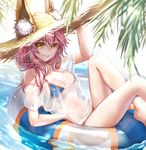  animal_ears ao+beni bikini blue_bikini blush breasts cleavage commentary_request day ears_through_headwear fate/extra fate/grand_order fate_(series) fox_ears hat large_breasts lips long_hair looking_at_viewer navel ocean outdoors palm_tree pink_hair see-through shirt solo straw_hat sun_hat swimsuit t-shirt tamamo_(fate)_(all) tamamo_no_mae_(fate) tamamo_no_mae_(swimsuit_lancer)_(fate) tree water wet wet_clothes wet_shirt wet_t-shirt yellow_eyes 