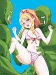  bikini blonde_hair blush bow breasts brown_eyes covered_nipples drill_hair eromanga_sensei from_behind hair_bow imminent_rape long_hair multiple_boys open_mouth orc pink_bikini pink_bow pointy_ears red_bow restrained ringlets side-tie_bikini small_breasts striped striped_bikini sweat sweating_profusely swimsuit tomokichi twitter_username yamada_elf 