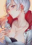  :o beige_background blue_eyes breasts cleavage collarbone earrings facial_scar hand_on_own_chest head_tilt izumi_sai jewelry long_hair long_sleeves necklace open_mouth parted_lips profile rwby scar scar_across_eye side_ponytail silver_hair simple_background small_breasts solo upper_body weiss_schnee 