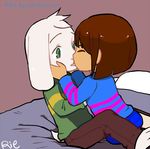  2016 2017 ambiguous_gender anthro asriel_dreemurr bed blue_pants blush boss_monster brown_hair caprine child clothed clothing cub cute duo edit fur goat hair human jacks3v3n kissing long_ears male mammal protagonist_(undertale) rie_(artist) short_hair simple_background undertale video_games white_fur young 
