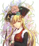  1girl arm_under_breasts bangle black_dress blonde_hair bracelet butterfly_hair_ornament butterfly_hat_ornament dress earrings fingernails floral_background floral_print flower fur_trim hair_between_eyes hair_ornament hand_in_hair hat hat_flower head_tilt highres jewelry junko_(touhou) lily_(flower) long_hair long_sleeves looking_at_viewer print_scarf red_eyes scarf smile solo tabard touhou upper_body very_long_hair white_background yangsan_(2991076090) 