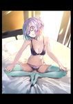  :o aqua_legwear backlighting bedroom black-framed_eyewear black_bra black_panties bra breasts butterfly_sitting cleavage collarbone commentary_request day eyebrows_visible_through_hair fate/grand_order fate_(series) glasses green_legwear hair_over_one_eye hands_on_own_knees head_tilt indoors looking_at_viewer mash_kyrielight medium_breasts navel on_bed open_mouth panties purple_eyes purple_hair purple_panties short_hair sidelocks sitting solo sunlight thighhighs thighs underwear underwear_only windowboxed yuugen 