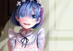  blue_eyes blue_hair breasts cleavage crying crying_with_eyes_open eyebrows_visible_through_hair eyes_visible_through_hair hair_ornament hair_over_one_eye large_breasts looking_at_viewer maid maid_headdress parted_lips re:zero_kara_hajimeru_isekai_seikatsu rem_(re:zero) smile solo soramame_tomu tears x_hair_ornament 