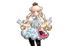  black_legwear blonde_hair blue_eyes blush breasts cowboy_shot crown double_bun dress eiyuu_senki gloves hair_ornament heart heart-shaped_pupils king_arthur_(eiyuu_senki) long_hair looking_at_viewer ooyari_ashito open_mouth pantyhose puffy_short_sleeves puffy_sleeves short_sleeves small_breasts solo stuffed_animal stuffed_toy symbol-shaped_pupils transparent_background white_gloves 