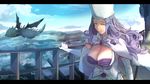 ^_^ aircraft airship belinda_(unlight) blue_sky breasts cape cleavage closed_eyes closed_mouth commentary day dragon elbow_gloves gloves hat hsin large_breasts lavender_hair letterboxed long_hair sky smile unlight upper_body wavy_hair white_gloves 