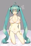  ahoge aqua_eyes aqua_hair bikini blush breasts cleavage contrapposto fang frilled_bikini frills hair_ornament hand_on_own_thigh hatsune_miku ichi001 kneeling large_breasts long_hair looking_at_viewer navel open_mouth side-tie_bikini solo swimsuit twintails very_long_hair vocaloid wavy_mouth 