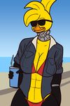  abs anthro avian beach beak bird breasts cleavage clothed clothing crisis-omega eyewear feathers female freckles machine muscle_bird muscular non-mammal_breasts robot seaside solo sunglasses swimsuit yellow_feathers 