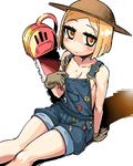  arm_support blonde_hair breasts chainsaw fate/grand_order fate_(series) gloves hat highres looking_at_viewer naked_overalls overalls paul_bunyan_(fate/grand_order) riyo_(lyomsnpmp)_(style) short_hair sitting small_breasts solo straw_hat sturkey yellow_eyes 