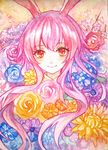  animal_ears ballpoint_pen_(medium) bangs blue_flower blue_rose blush bunny_ears color_ink_(medium) commentary flower flower_request looking_at_viewer mirror_(xilu4) pink_hair red_eyes red_flower red_rose reisen_udongein_inaba rose smile solo touhou traditional_media 