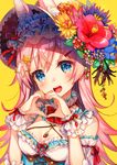  blue_eyes blush breasts cleavage eyebrows_visible_through_hair flower hair_ornament hairclip hat hat_flower heart heart_hands hibiscus highres large_breasts long_hair looking_at_viewer open_mouth original pierorabu pink_hair smile solo star star_hair_ornament upper_body 