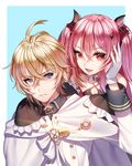  1girl :d ahoge blonde_hair blue_eyes choker detached_sleeves eyebrows_visible_through_hair fang ganik hair_between_eyes hair_ornament hand_in_another's_hair hyakuya_mikaela krul_tepes long_hair open_mouth owari_no_seraph pink_hair red_eyes smile twintails uniform 