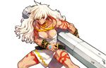  bracelet breasts cleavage collarbone cowboy_shot eiyuu_senki heracles_(eiyuu_senki) jewelry large_breasts long_hair looking_at_viewer muscle muscular_female ooyari_ashito red_eyes smile solo tattoo transparent_background white_hair 