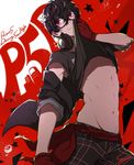  abs adonis_belt amamiya_ren areolae black_hair copyright_name glasses gloves halftone headphones headphones_around_neck highres looking_to_the_side male_focus navel off_shoulder pants pectorals persona persona_5 persona_5:_dancing_star_night persona_dancing plaid plaid_pants red_eyes red_gloves shirt_lift short_hair shuujin_academy_uniform shuwa signature smile star teeth toned toned_male wiping_face 