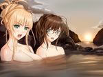  2girls angry bangs blonde_hair blush breasts brown_hair clouds collarbone eyebrows eyebrows_visible_through_hair game_cg glasses green_eyes hair_up highres large_breasts looking_at_viewer multiple_girls nude onsen open_mouth original outdoors partially_submerged raised_eyebrows sano_toshihide saotome_maria saotome_marimo sex_life sky small_breasts sun water wet 