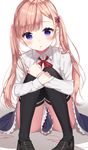  bad_id bad_pixiv_id bangs black_footwear black_legwear blonde_hair blush bow brown_hair collared_shirt eyebrows_visible_through_hair hair_bow hair_ornament hairclip highres izumo_neru koi_to_uso loafers long_hair long_sleeves looking_at_viewer neck_ribbon parted_lips pigeon-toed purple_eyes red_bow red_ribbon red_string ribbon sanada_ririna shiny shiny_hair shirt shoes simple_background sitting solo string string_around_finger striped striped_bow thighhighs twintails white_background white_shirt wing_collar 