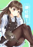  absurdres arashio_(kantai_collection) backpack bag black_legwear blush brown_eyes brown_hair cannon crime_prevention_buzzer dress eyebrows_visible_through_hair frilled_dress frills hadron9 highres kantai_collection long_hair long_sleeves looking_at_viewer pantyhose pinafore_dress randoseru remodel_(kantai_collection) school_uniform searchlight shirt smile solo thighs turret white_shirt 