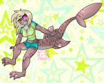  2014 3_toes 5_fingers abstract_background anthro blonde_hair brown_skin clothed clothing digital_drawing_(artwork) digital_media_(artwork) female fish hair long_hair long_tail looking_at_viewer mae_koh marine midriff nut-case pink_eyes rismic shark sharp_teeth shorts smile solo star teeth tiger_shark toes v-neck watermark 