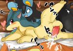  anal anal_penetration balls black_fur blue_fur blush cum dripping duo feral fur hi_res japanese_text luxio male male/male nekonade nintendo open_mouth penetration penis pok&eacute;mon quilava red_eyes tan_fur tapering_penis text tongue video_games yellow_eyes 