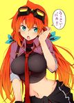  :o absurdres amano_tora bangs blue_bow blue_eyes blush bow breasts clothes_around_waist cowlick goggles hair_between_eyes hair_bow hand_up highres kazenoko large_breasts long_hair looking_at_viewer low_twintails md5_mismatch midriff navel necktie open_mouth orange_hair original red_hair red_neckwear sidelocks simple_background solo speech_bubble sweater_around_waist translated twintails upper_body v-shaped_eyebrows yellow_background 