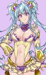  blue_hair breasts cagliostro_(symphogear) cleavage detached_sleeves hair_ornament hand_on_hip jewelry large_breasts long_hair looking_at_viewer midriff navel puffy_sleeves purple_background purple_eyes resyeol ring senki_zesshou_symphogear skirt smile solo thumb_ring twintails 