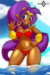  2017 bikini blue_eyes blush breasts clothed clothing cloud dark_skin ear_piercing female genie hair hand_on_hip hi_res humanoid kloudmutt long_hair navel not_furry open_mouth outside partially_submerged piercing pointy_ears purple_hair shantae shantae_(series) sky solo swimsuit v_sign water 