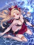  1girl alternate_costume alternate_hairstyle bangs between_breasts bikini birdcage black_bikini blonde_hair breasts cage collarbone colored_eyelashes commentary_request contemporary detached_collar earrings ereshkigal_(fate/grand_order) eyebrows_visible_through_hair fate/grand_order fate_(series) feet from_above hair_ribbon hoop_earrings jewelry legs long_hair looking_at_viewer lowleg lowleg_bikini m-ya medium_breasts midriff necklace open_mouth parted_bangs ponytail red_bikini red_eyes ribbon sand sarong sitting spine stomach swimsuit water wet wet_clothes 