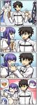  4girls 4koma :&lt; :q ^_^ ^o^ aqua_eyes archer bangs belt belt_buckle black_belt black_gloves black_hair blue_eyes blue_hair brown_eyes buckle caster closed_eyes closed_mouth collared_shirt comic commentary_request dark_skin dark_skinned_male eighth_note eyebrows_visible_through_hair fate/extra fate/extra_ccc fate/grand_order fate_(series) flat_chest food fujimaru_ritsuka_(male) gloves hair_between_eyes hair_ribbon handkerchief hands_up holding holding_food ice_cream jeanne_d'arc_(fate)_(all) jeanne_d'arc_alter_santa_lily juliet_sleeves long_hair long_sleeves looking_at_another meltlilith multiple_boys multiple_girls musical_note navel open_mouth passion_lip puffy_sleeves purple_eyes purple_hair ribbon shiny shiny_hair shirt silver_hair sleeves_past_wrists smile sparkle spoken_face spoken_musical_note squiggle standing striped striped_ribbon sweatdrop tanaka_gorbachev tongue tongue_out v-shaped_eyebrows waving white_coat white_hair white_ribbon white_shirt wiping_face 