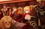  &gt;:) 3boys :o abs armor bangs black_sclera blonde_hair breasts brown_hair caligula_(fate/grand_order) cleavage cleavage_cutout collarbone commentary dark_skin earrings epaulettes fat fat_man fate/grand_order fate_(series) green_eyes grin hair_ribbon hat hsin jewelry juliet_sleeves julius_caesar_(fate/grand_order) large_breasts laurel_crown lion long_sleeves looking_at_viewer military military_uniform multiple_boys nero_claudius_(fate) nero_claudius_(fate)_(all) open_mouth pauldrons puffy_sleeves purple_hair red_eyes ribbon romulus_(fate/grand_order) sitting smile throne toned toned_male trait_connection uniform v-shaped_eyebrows 