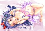  babydoll bangs barefoot blue_hair blush bow breasts cum cum_on_body cum_on_breasts cum_on_lower_body cum_on_upper_body cumdrip cure_magical daiki hair_bow hat izayoi_liko knees_together_feet_apart lingerie long_hair looking_at_viewer lying magical_girl mahou_girls_precure! mini_hat mini_witch_hat navel on_back open_mouth panties precure purple_eyes purple_panties red_bow small_breasts solo strap_lift strap_slip underwear witch_hat 