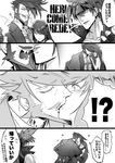  1girl 2boys anger_vein artist_request blush capelet comic facial_hair fangs french_kiss greyscale guilty_gear guilty_gear_xrd highres husband_and_wife kiss long_hair monochrome multiple_boys mustache sharon_(guilty_gear) sideburns slayer_(guilty_gear) sol_badguy surprise_kiss surprised translated vampire 