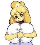  animal_crossing anthro big_breasts black_nose borvar breasts canine cleavage clothed clothing collar dog female fur hair hi_res huge_breasts isabelle_(animal_crossing) looking_at_viewer mammal nintendo presenting shih_tzu simple_background solo video_games voluptuous 