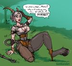 breast_expansion breasts ciri clothing confusion dialogue forest hair hooves horn sitting solo succubus sutibaru the_witcher torn_clothing transformation tree white_hair wide_hips 