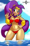  2017 bikini blue_eyes blush breasts clothed clothing cloud ear_piercing female genie hair hand_on_hip hi_res humanoid kloudmutt long_hair navel not_furry open_mouth outside partially_submerged piercing pointy_ears purple_hair shantae shantae_(series) sky solo swimsuit v_sign water 