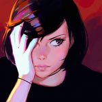  black_eyes black_hair black_shirt choker closed_mouth covering_one_eye face frown hand_on_own_face ilya_kuvshinov lips looking_away looking_to_the_side original portrait realistic red_background shirt short_hair solo 