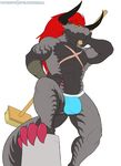  2017 abs anthro barazoku batzz_(buddyfight) biceps big_muscles big_pecs broom bucket chest_markings claws clothed clothing dragon future_card_buddyfight hair horn jockstrap looking_at_viewer male markings muscular muscular_male nails pecs red_hair scalie simple_background solo spelunker_sal topless underwear wingless_dragon yellow_eyes 