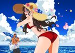 1girl :d archer ass azu_(pixiv885168) bad_id bad_pixiv_id bikini black_hair black_shorts blue_eyes breasts cloud cloudy_sky dark_skin day fate/stay_night fate_(series) floating_hair flower hat hat_flower holding leaning_forward long_hair looking_at_viewer looking_back medium_breasts ocean open_mouth outdoors red_bikini shorts sideboob silver_hair sky smile straw_hat sun_hat sunglasses swimsuit toosaka_rin yellow_hat 