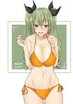  absurdres anchovy ass_visible_through_thighs bangs bikini black_ribbon breasts commentary_request cowboy_shot dated drill_hair girls_und_panzer green_hair hair_ribbon highres irukatto long_hair looking_at_viewer medium_breasts open_mouth orange_bikini outside_border red_eyes ribbon side-tie_bikini solo standing swimsuit tearing_up twin_drills twintails twitter_username 