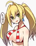  ahoge blush breasts cleavage criss-cross_halter earrings fate/extra fate/grand_order fate_(series) green_eyes halterneck jewelry large_breasts long_hair mzh nero_claudius_(fate)_(all) nero_claudius_(swimsuit_caster)_(fate) solo striped_bikini_top twintails 