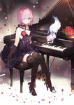  black_gloves black_legwear blush bouquet breasts choker cleavage closed_mouth criss-cross_halter dress fate/grand_order fate_(series) floral_print flower fou_(fate/grand_order) full_body gloves grand_piano hair_over_one_eye halterneck hat high_heels highres instrument large_breasts looking_at_viewer mash_kyrielight namie-kun no_nose petals piano piano_bench pink_hair purple_dress purple_eyes rose rose_petals shoe_dangle short_hair sitting smile solo thighhighs zettai_ryouiki 