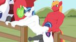  2017 absurd_res animal_genitalia animal_penis anthro anthrofied balls big_macintosh_(mlp) blue_hair blush cainesart cutie_mark duo equine equine_penis eyes_closed freckles friendship_is_magic green_eyes hair hi_res horn horse male male/male male_penetrating mammal media_ring my_little_pony nude open_mouth outside penis sex shining_armor_(mlp) unicorn vein 