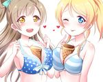 :d ;p aqua_bow ayase_eli between_breasts bikini blonde_hair blue_eyes blush bow breast_press breasts brown_hair collarbone eyebrows_visible_through_hair hair_bow heart heart-shaped_pupils love_live! love_live!_school_idol_project medium_breasts minami_kotori multiple_girls one_eye_closed one_side_up open_mouth pipette1223 polka_dot polka_dot_bikini shiny shiny_skin sideboob simple_background smile standing striped_bikini_top swimsuit symbol-shaped_pupils symmetrical_docking tongue tongue_out upper_body white_background yellow_eyes 