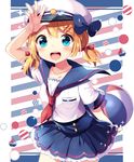  :d arm_up ball blonde_hair blue_bow blue_eyes blue_skirt blush bow collarbone cowboy_shot hair_bow hat hat_bow holding holding_ball ikari_(aor3507) kagamine_rin looking_at_viewer miniskirt neckerchief open_mouth red_bow red_neckwear shirt short_hair short_sleeves short_twintails skirt smile solo standing twintails vocaloid white_background white_hat white_shirt 