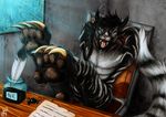  akgora_(character) anthro black_fur chair charr claws fangs feline female flat_chested fluffy fluffy_tail fur green_eyes guild_wars hair hands_behind_head hi_res horn mammal minarr nude open_mouth paper pawpads pen sitting table tongue tongue_out video_games white_fur 