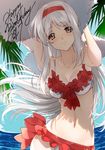  bare_shoulders bikini breasts brown_eyes cleavage collarbone creayus day eyebrows_visible_through_hair kantai_collection long_hair looking_at_viewer medium_breasts navel ocean outdoors palm_tree shadow shoukaku_(kantai_collection) silver_hair sky smile standing swimsuit tree wavy_hair white_bikini 